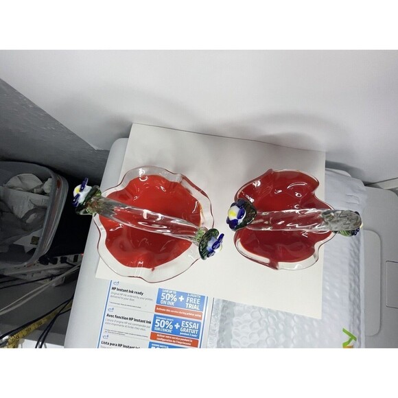 Vintage Art Glass Red Clear Basket Applied Blue Flowers Beautiful 2 Baskets - Picture 9 of 9